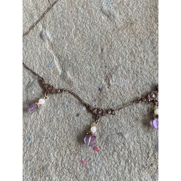 Collar Necklace Romantic Dangle Brass Beaded Brocade Pearl Romantic Purple - Picture 8 of 9